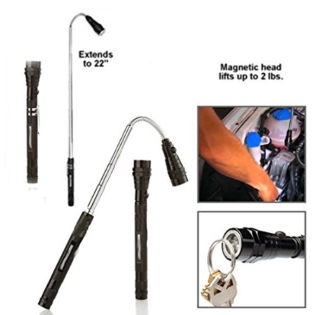 Magnetic 3 LED Flash Light 5 Pound Magnet Telescopic Flexible Neck Pick Up Tool (Extra Batteries Included)