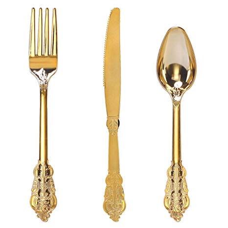 WDF-300 Pieces Gold Plastic Silverware- Disposable Flatware -Heavyweight Plastic Cutlery- Includes 100 Forks, 100 Spoons, 100 Knives
