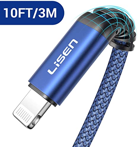 (10ft / 3m) LISEN Lightning to USB-A Cable, [Apple MFi Certified] 10 Feet Long iPhone Charger, Durable Nylon Braided Fast Charging Cord Compatible with iPhone 11/Pro/X/Xs Max/XR/8 Plus /7 /iPad-Blue