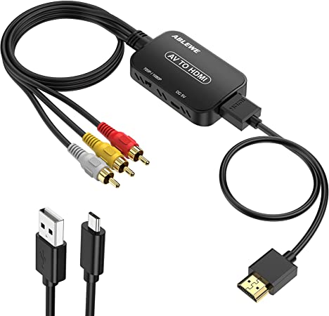 RCA to HDMI Converter,1080P AV to HDMI Adapter with RCA Cable & HDMI Cable,ABLEWE CVBS Composite to HDMI Supports PAL/NTSC for N64/Wii/NES/PS4/PS3/PS2/Xbox/Roku/VHS Tape/VCR/DVD Players/Video Camera