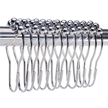 Shower Curtain Hooks Rings Roller 12 Set, Chrome Rustproof Stainless Steel, Heavy-duty, Decorative Design, Smooth Glide, Easy Use