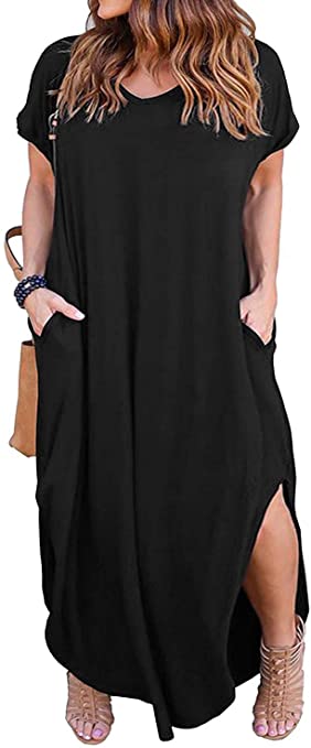 Nemidor Women's Casual Loose Pocket Long Dress Short Sleeve Plus Size Slit Maxi Dress