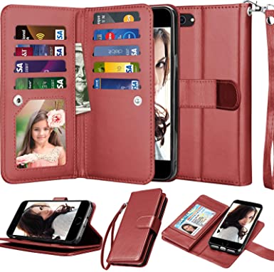 Njjex Wallet Case For iPhone SE 2020/SE2, for iPhone 8/iPhone 7 Case, [9 Card Slots] PU Leather Credit Holder Folio Flip [Detachable] Kickstand Lanyard Magnetic Phone Cover For iPhone SE 2nd -Wine Red