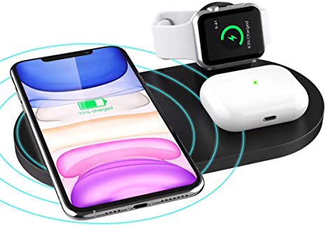 FNSHIP 3 in 1 Wireless Charger Station,Wireless Charging Pad for AirPods Pro/2,Apple Watch Stand Charging Dock,7.5W Qi Fast Charge for iPhone 11/SE/XR/XS/X/8/8P(No Adapter/iWatch Cable) (Black)