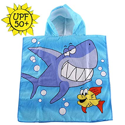 HETH Kids Hooded Beach and Bath Towel Swimsuit Coverup Swimming Poncho Towel Multi-use for Bath/Shower/Pool (Big Shark and Little Fish)