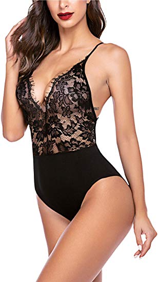 ELOVER Women Snap Crotch Lingerie Sexy Eyelash Lace Bodysuit V Teddy One Piece Lace Babydoll