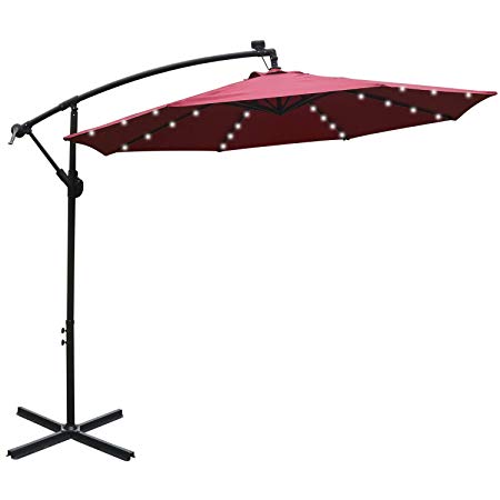 ABCCANOPY 10 FT Solar Powered LED Patio Outdoor Umbrella Hanging Umbrella Cantilever Umbrella Offset Umbrella Easy Open Lift 360 Degree Rotation with 32 LED Lights (Burgundy)