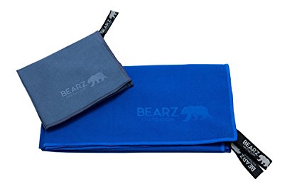 BEARZ Outdoor Microfiber Towel Set for Travel & Sports. Compact & Absorbent Cloth for Camping, Swimming, Beach, Gym, Yoga, Golf. Gear with Bag, Water Resistant Pocket, Carabiner, Face Cloth