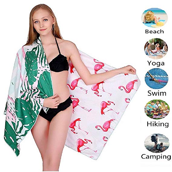 Microfiber Sand Free Beach Towel Blanket-Quick Fast Dry Super Absorbent Antibacterial Lightweight Thin Towel for Travel Pool Swimming Bath Camping Yoga Gym Sports Idea Flamingos