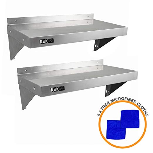 2 x KuKoo Commercial Stainless Steel Shelves Kitchen Wall Shelf Catering Corrosion Resistant & Free Microfiber Cloths 900mm x 300mm