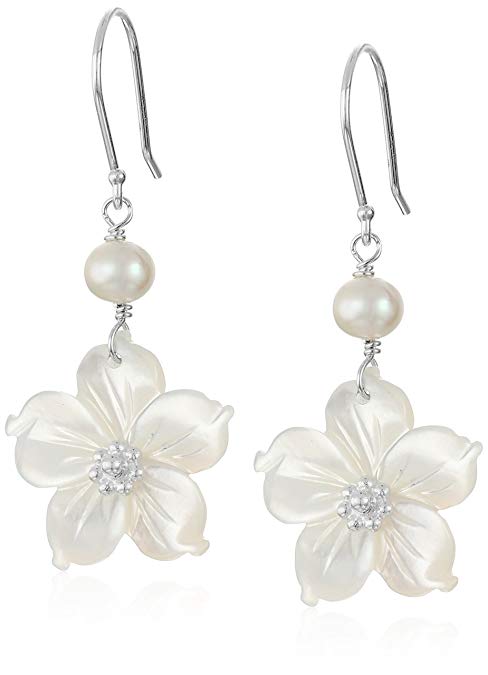White Mother-of-Pearl Flowers with White Freshwater Cultured Pearl Accents Drop Earrings