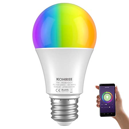 Kohree Smart Light Bulb, RGBCW Wi-Fi LED Bulb A19[7W 600LM], Multi-Color, Dimmable, No Hub Required, Free APP Remote Controlled, 60W Equivalent (1 Pack)