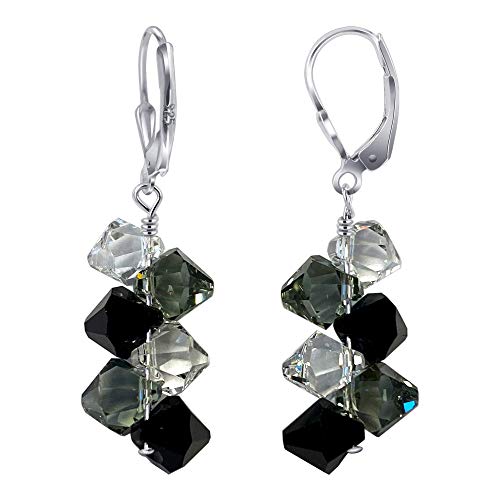 Cluster Swarovski Elements Clear & Black Crystal Leverback Handmade Drop Sterling Silver Earrings