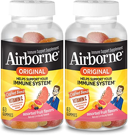 Vitamin C 750mg (per Serving) - Airborne Assorted Fruit Flavored Gummies (63 Count in a Bottle) (2 Pack), Gluten-Free Immune Support Supplement with Echinacea and Ginger