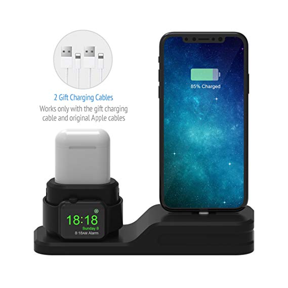 3 in 1 for Apple Watch Stand - iWatch Charging Stand - Silicon Charging Station Dock Built in 2 Lightning Cable for Apple Watch Series 3 2 1 / AirPods/iPhone X 8 7 6 Plus