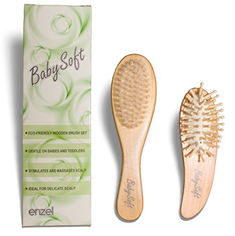 Baby Hair Brushes, Set of 2 | 100% Natural Wood Handles with Super Soft Bristles for Gently Brushing Baby's Hair, Massaging Tender Scalp and Reducing Cradle Cap | Gift Boxed by BabySoft by Enzel