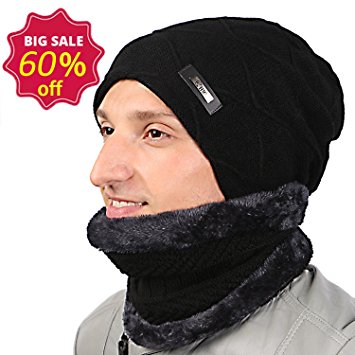 HIG Men's Winter Warm Beanie Hat Scarf Set Thickened Knitted Hats Lined Fleece