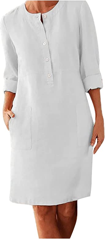 ZEFOTIM Linen Dresses for Women 2023 Long Sleeve Fashion Casual Loose Fitted Plain Maxi T Shirt Dress…