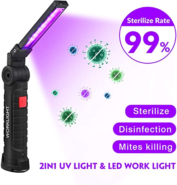 OPPSK UV Light Sanitizer, Foldable Black Lights Flashlight for Pet Urine Detector, LED Work Lights with Magnetic Base 360°Rotate and 5 Modes Bright LED Light for Car Repair, Household and Indoor Use