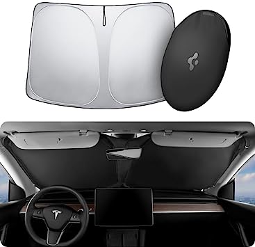 Spigen Triple-Coated CryoShade Front Windshield Sunshade (Reinforced Velcro Strap) Designed for All Tesla Model 3 and Y