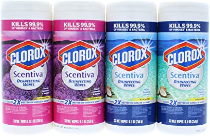 4 Pk. Clorox Scentiva Tuscan Lavender & Jasmine and Pacific Breeze & Coconut Disinfecting Wipes 33 Count (132 Wipes Total)