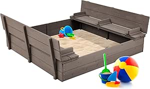 Best Choice Products Kids' Outdoor Wooden Sandbox Large, Cedar Wood with Foldable Bench Seats and Sand Protection, Bottom Liner Included - Gray