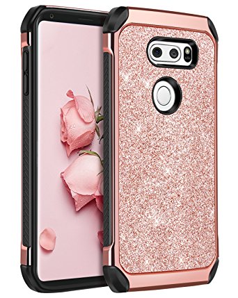 LG V30 Case, LG V30  Case, BENTOBEN Slim 2 In 1 Luxury Glitter Bling Hybrid Hard Covers Laminated with Sparkly Shiny Faux Leather Shockproof Protective Phone Cases for LG V30/ V30  (2017), Rose Gold