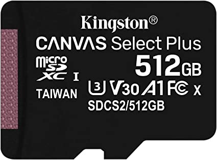 Kingston 512GB microSDHC Canvas Select Plus 100MB/s Read A1 Class UHS-I Memory Card w/o Adapter SDCS2/512GBSP