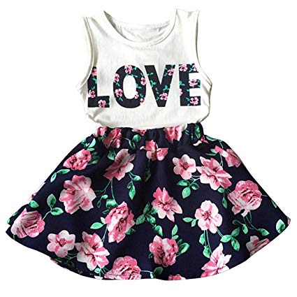 Little Girls Letter Love Flower Clothing Sets Summer Top and Skirt Kids 2pcs Outfits