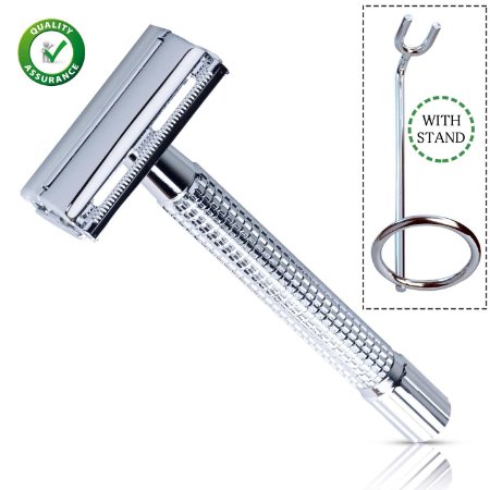 ECOOPRO Safety Razor with 6 Double Edge Blades and Chrome Stand Long Handle Great ShaveSilver