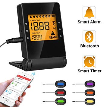 AGM Digital Meat Thermometer, Bluetooth BBQ Grilling Cooking Food Thermometer with APP, Wireless Remote for Grilling Cooking Smoker Kitchen Oven, 6 Stainless Steel Probes, Support iOS & Android