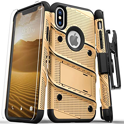 Zizo Bolt Series Compatible with iPhone Xs Max case Military Grade Drop Tested with Tempered Glass Screen Protector, Holster, Kickstand Gold Black