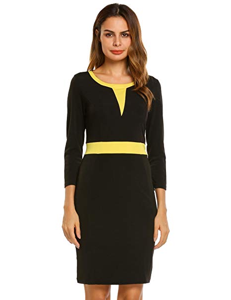 Zeagoo Women's Chic 3/4 Sleeve Colorblock Business Working Cocktail Party Bodycon Dress