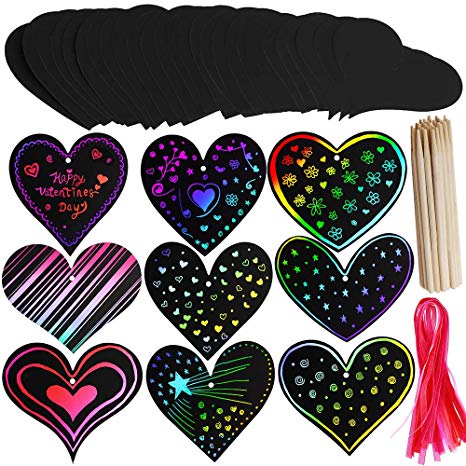 Supla 27 Set Magic Scratch Art Rainbow Scratch Paper Ornaments Assorted Heart Cutouts with Holes Hang Tags Favor Tags Gift Tags Treats Tags with Organza Ribbons and Scratching Tool for Valentine's Day