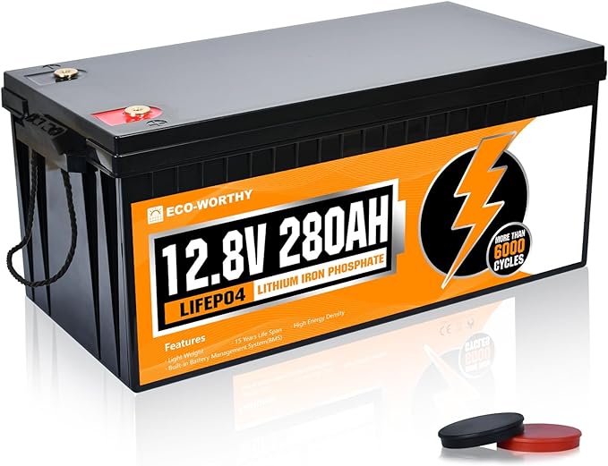 ECO-WORTHY 12V 280Ah LiFePO4 Lithium Battery, 6000  Deep Cycles, 3584Wh Energy, for Off-Grid, RV, Solar Power System, Home Backup, UPS, Marine