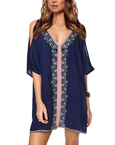 Bsubseach Women Embroidered Half/Long Sleeve Swimsuit Cover Up Mini Beach Dress