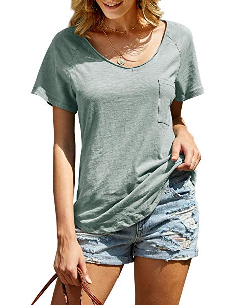 imesrun Womens Short Sleeve V Neck Summer Shirts Cotton Basic Tees Casual Blouses Top