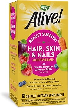 Nature's Way Alive!® Hair, Skin & Nails Multivitamin with Biotin (5,000mcg per serving and Collagen (75mg per serving), Fruit & Veggie Blend (50mg per serving), 60 Softgels