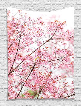 Ambesonne Nature Art Prints Decor Collection, Japanese Sakura Cherry Trees Blossom Spring Garden Park, Bedroom Living Kids Girls Boys Room Dorm Accessories Wall Hanging Tapestry