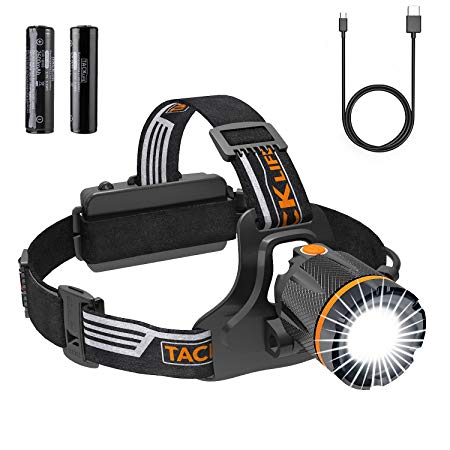 TACKLIFE Headlamp, USB Rechargeable LED Head Torch, 3 Modes, 90º Rotatable, Water Resistant, Adjustable Beam and Head Strap - LLH3A