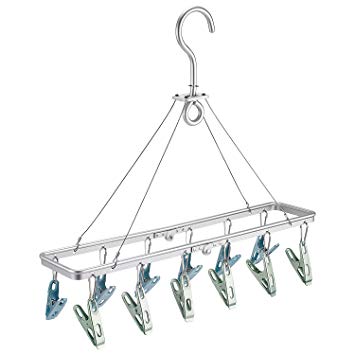 Senbowe Foldable Clip and Drip Hanger, Clothes Drying Rack Sock Hanger Underwear Hanger with 12 Clips, Hanger for Drying Towels, Bras, Baby Clothes, Gloves, Aluminium Alloy Laundry Sock Drying Rack