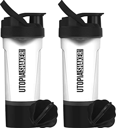 Utopia Home Pack of 2 -Shaker Bottle - BPA Free & Leakproof - Classic Protein Mixer Shaker Bottle with Twist and Lock Protein Box Storage (Clear/Black)