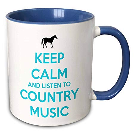 3dRose 173401_6 Keep Calm And Listen To Country Music White And Turquoise Horse Two Tone Mug, 11 oz, Multicolor