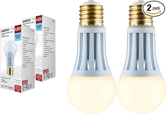 Satco #S11492; 10/22/34 Watt PS25 LED Three-Way Lamp; E39d Mogul Base; 4000K; White Finish; 120 Volt for Commercial and Residential, Stores, Homes, Hotels, Properties, Contractors (2 Pack)