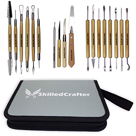 Skilled Crafter Clay Modeling Tools with Zip-Up Case. 18 Double Ended Quality Carvers & Modelers for Sculpting, Modeling, Trimming & Pottery Carving. Best for Sculpey, Polymer, Ceramics, Dough, Wax