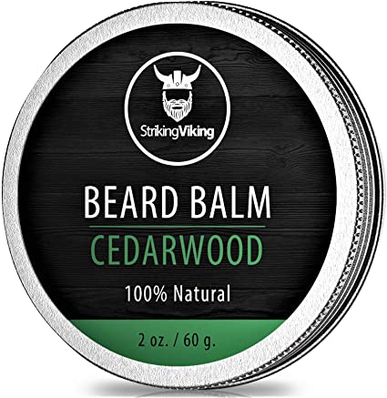 Cedarwood Beard Balm - Styles, Strengthens & Softens Beards and Mustaches - 100% Natural Beard Conditioner with Organic Shea Butter, Tea Tree, Argan & Jojoba Oils in Cedar Scent by Striking Viking