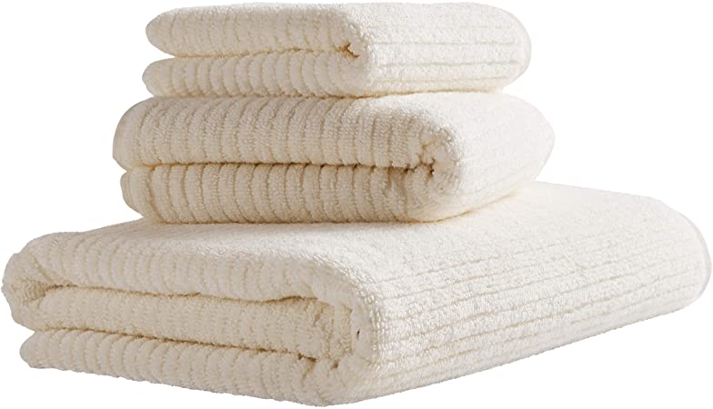 Rivet Ribbed Cotton Bath Towel Set, Set of 3, Egret White