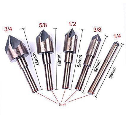 Atoplee 5 pieces 82 Degree 5 Flute 6mm Round Shank HSS Chamfer Chamfering End Mill Cutter Bit Countersink Set 1/4,3/8,1/2,5/8,3/4inch