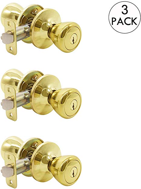 3 Pack Keyed Entry Door Knobs, Keyed Alike Tulip Style Door Lockset for Exterior and Front Door, Entrance Door Knob Set in Polished Brass