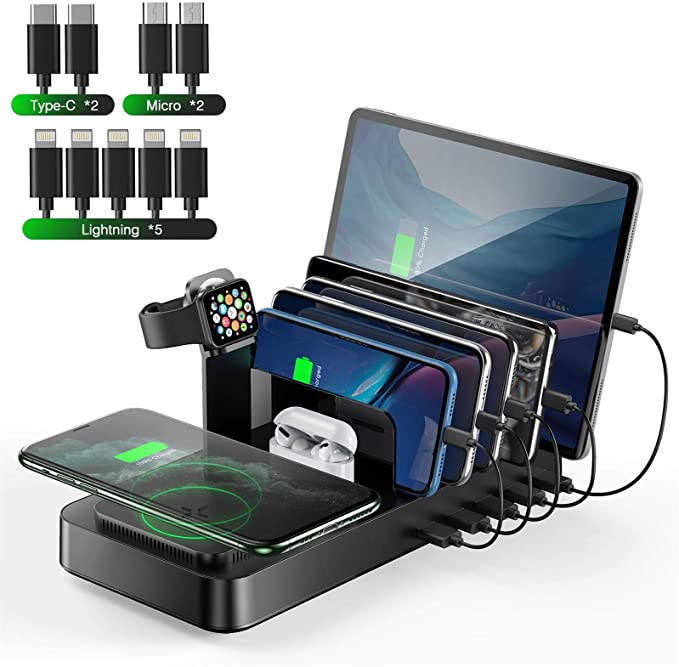 Wireless Charging Station for Multiple Devices, Vogek 8 in 1 5 USB Port Charger Docking Station with Qi Wireless Charging Pad and Apple Watch & AirPods Stands for iPhone/ipad/Samsung/Android/Tablet
